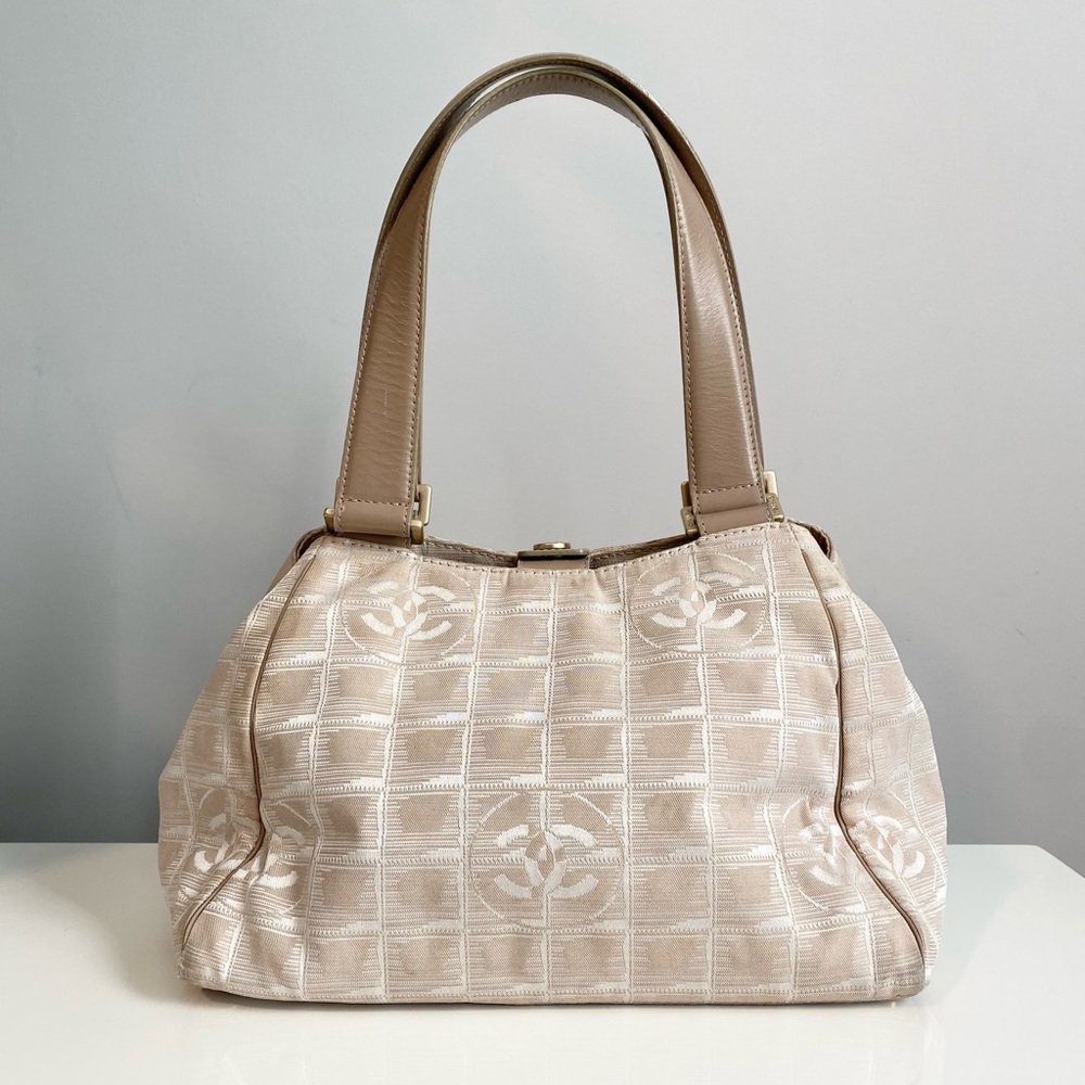 CHANEL Travel Line Nylon Jacquard Leather Beige Champagne Hand Bag Shoulder Tote